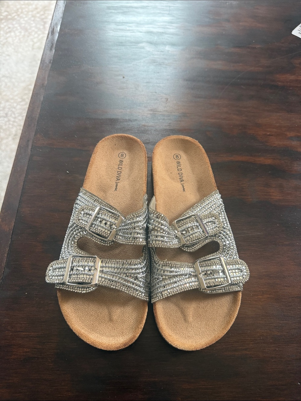 Wild Diva Kids Silver Beaded Double-Buckle Slide Sandals